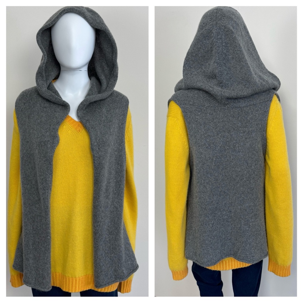 Eileen Fisher Wool Mohair Knit Open Front Hooded Hood Gray Vest Sweater Sz S